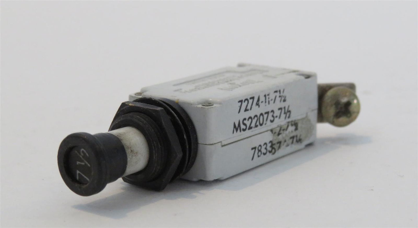 KLIXON MS22073-7.5 7274-11-7.5 7.5A 7.5AMP Aircraft Circuit Breaker
