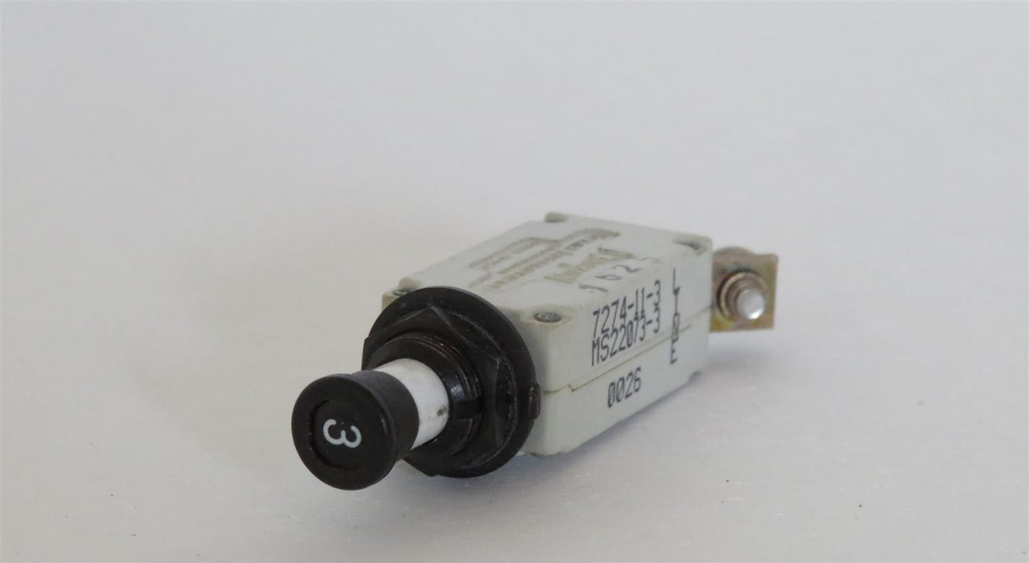 KLIXON MS22073-3 7274-11-3 3A 3AMP Aircraft Circuit Breaker