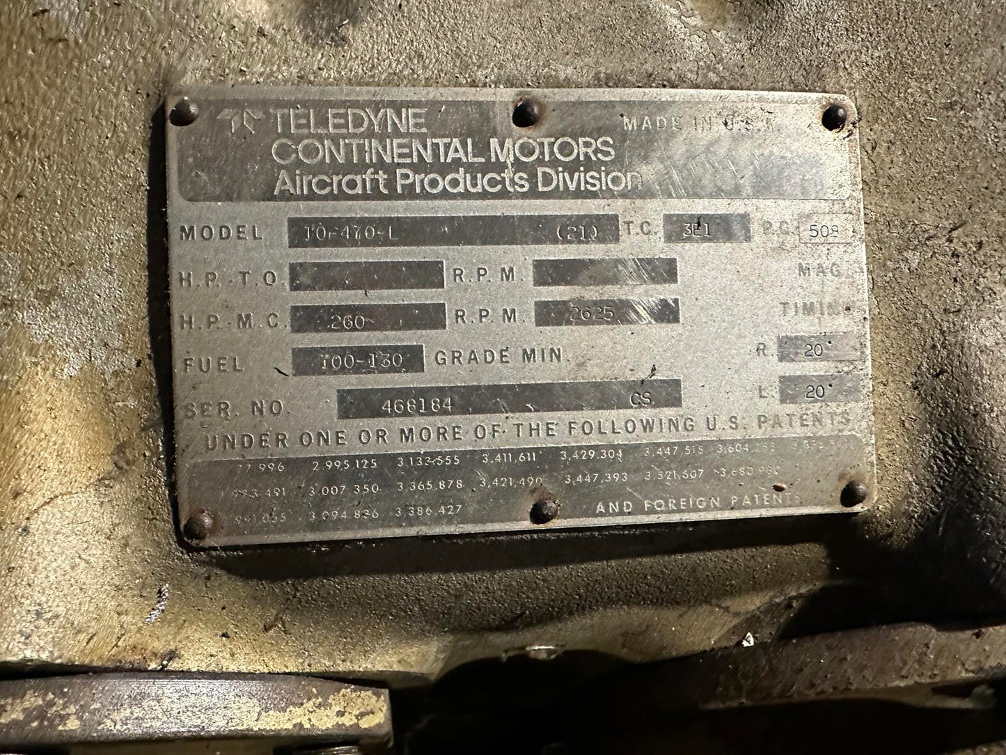 Beechcraft 95-B55 Baron IO-470-L 260 HP Engine Core with Logbook SN# 468184 1480 hrs