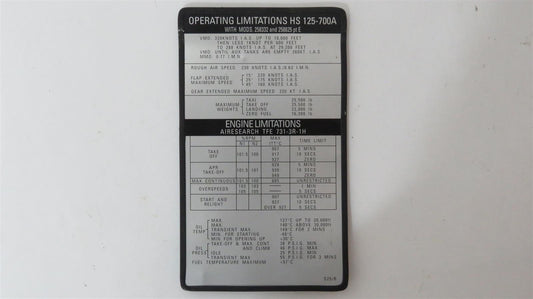 Hawker 125-700A Operating Limitations Placard