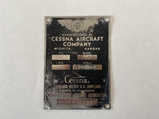 Cessna 150 Original Placard with Serial Number
